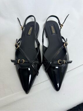 Arezzo Black Patent Pointed Slingback Mules